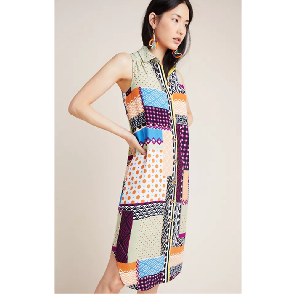 Anthropologie Shirt Dress Womens 8 Patchwork Sleeveless Button Up. *Flawed*
